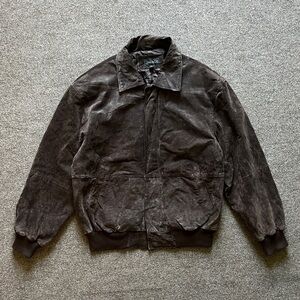 Lineage Brand Brown Suede Genuine Leather Bomber Flight Jacket Men’s Size Large